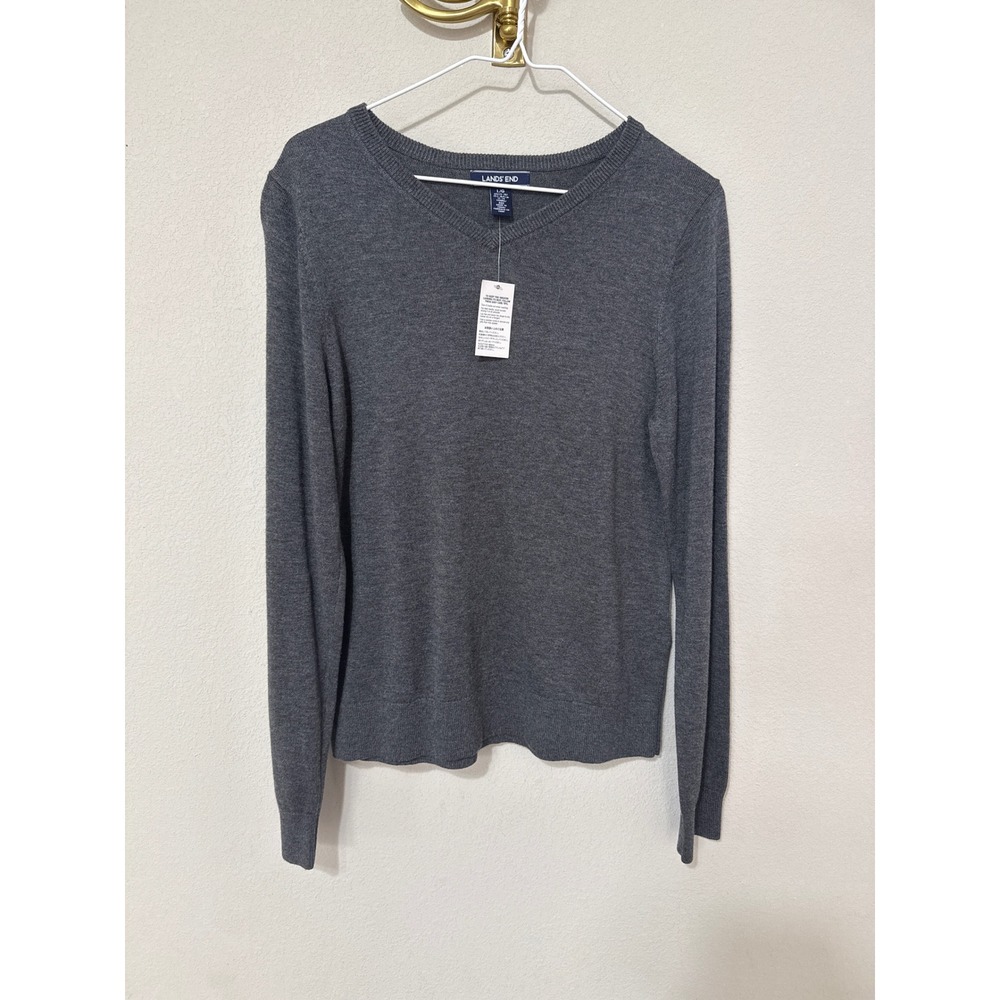 NWT Lands End V-Neck Sweater Kids Size L 14-16 Gray Long Sleeve Knit Pullover